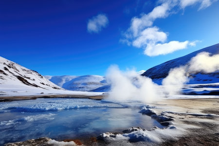 thermal steam against a glacial landscape background, created with generative aiの素材