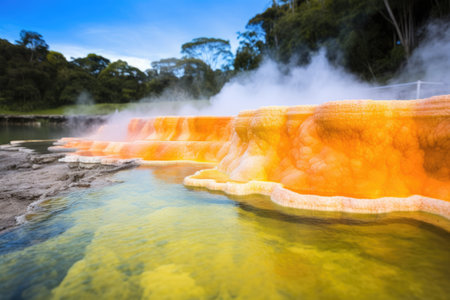 bright orange sulfur springs bubbling with steam, created with generative aiの素材