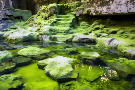 algae-covered stones surrounded by hot spring water, created with generative aiの素材