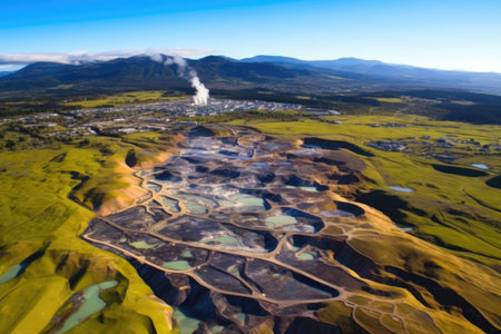 aerial view of geothermal activity over a hot spring area, created with generative aiの素材