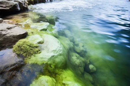 close-up shot of thermal water emerging from rocks, created with generative aiの素材