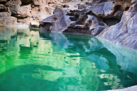 detail of emerald green hot spring pool in rocky surroundings, created with generative aiの素材