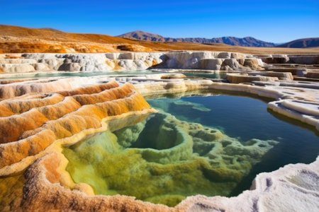 rich mineral deposits surrounding a hot spring, created with generative aiの素材