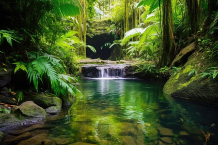 a serene hot spring hidden within a lush rainforest, created with generative aiの素材