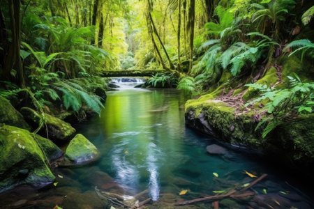 a serene hot spring hidden within a lush rainforest, created with generative aiの素材