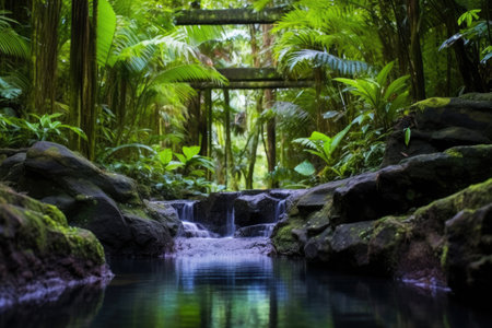a serene hot spring hidden within a lush rainforest, created with generative aiの素材