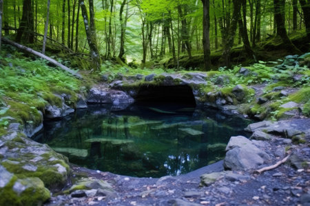 broad view of a natural outdoor hot spring in a forest, created with generative aiの素材