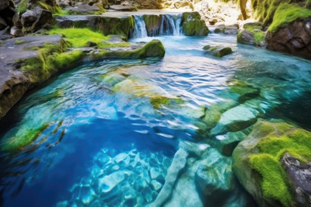 cascading warm water flowing out of hot spring, created with generative aiの素材