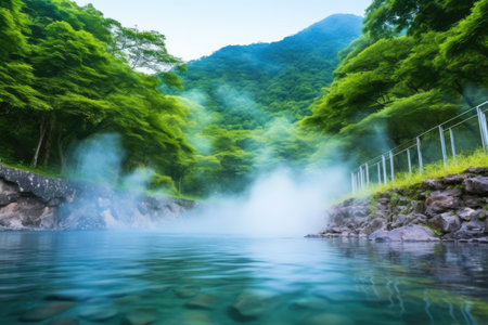 gentle steam rising from serene hot spring, created with generative aiの素材