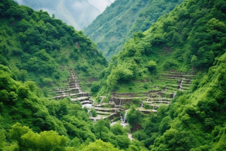 terraced hot springs on a tree-covered mountain slope, created with generative aiの素材