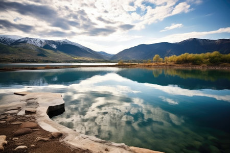 hot spring overlooking serene lake and distant peaks, created with generative aiの素材