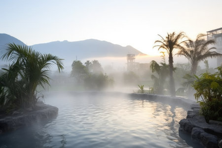 misty hot spring early in the morning, created with generative aiの素材