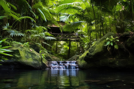 lush verdant foliage surrounding a secluded hot spring, created with generative aiの素材