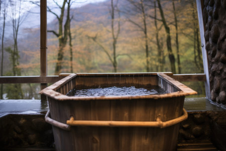 an empty wooden tub filled with hot spring water, created with generative aiの素材