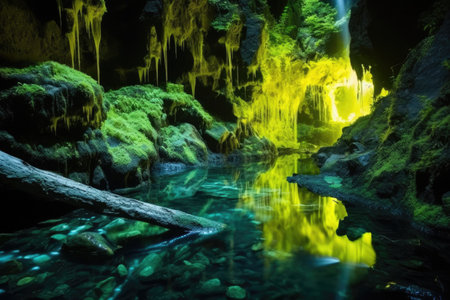 vibrant bioluminescent insects near a warm hot spring, created with generative aiの素材