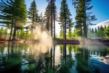 vapors rising from hot spring against a backdrop of tall pine trees, created with generative aiの素材