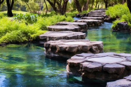 hot springs with wooden stepping stones placed on its side, created with generative aiの素材