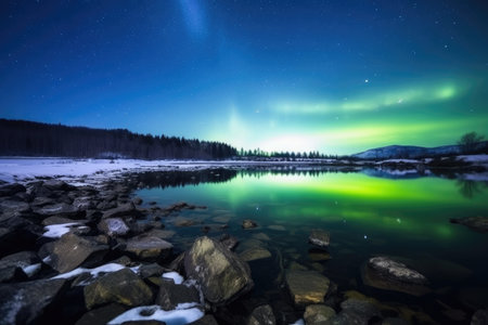 landscape shot of a hot spring lake under northern lights, created with generative aiの素材