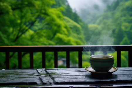a steaming cup of tea placed near the edge of the hot spring, created with generative aiの素材