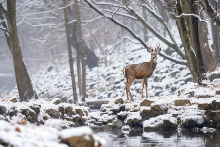 a deer standing by a hot spring while its snowing, created with generative aiの素材
