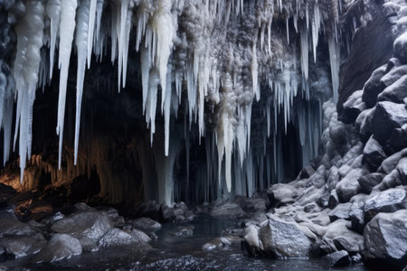 a cluster of icicles bordering a steaming hot spring, created with generative aiの素材