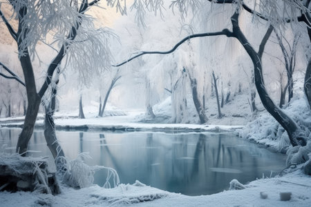 birds perched around a hot spring on frost-covered trees, created with generative aiの素材