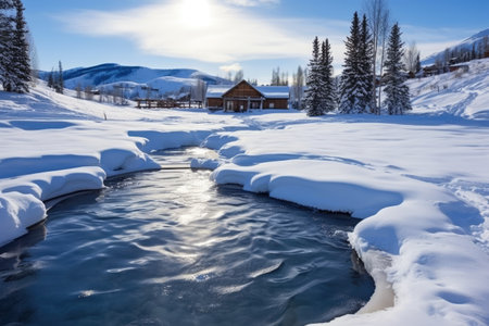 hot spring adjacent to a snow-covered log cabin, created with generative aiの素材