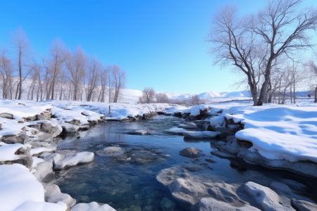 hot spring located near a frozen river, created with generative aiの素材