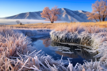 frozen grass and frost-coated foliage surrounding a hot spring, created with generative aiの素材