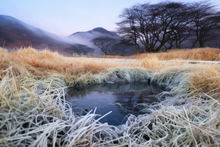 frozen grass and frost-coated foliage surrounding a hot spring, created with generative aiの素材