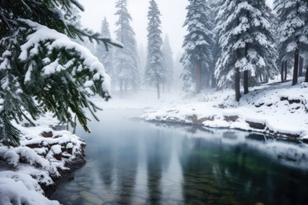 snowy pine tree branches overhanging a steaming hot spring, created with generative aiの素材