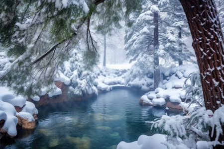 snowy pine tree branches overhanging a steaming hot spring, created with generative aiの素材