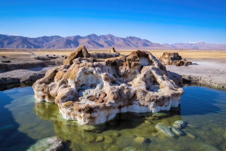 mini island of rocks in the middle of hot spring, created with generative aiの素材