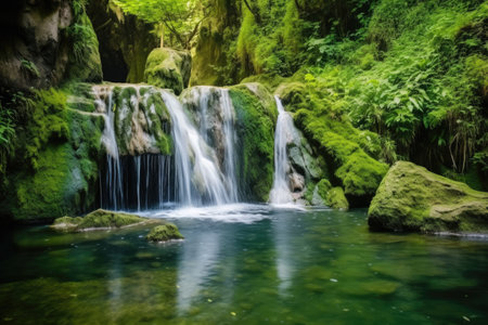 a hot spring waterfall cascading down a mountain, created with generative aiの素材