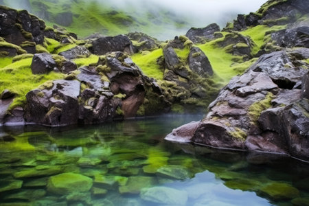 moss-covered rocks around a steaming hot spring pool, created with generative aiの素材