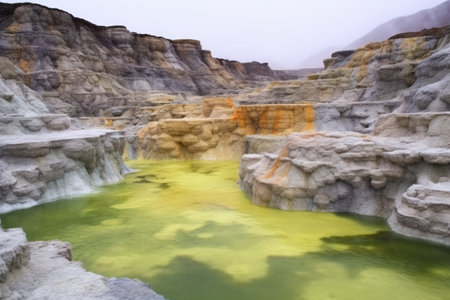 sulphur deposits around a steaming hot spring, created with generative aiの素材