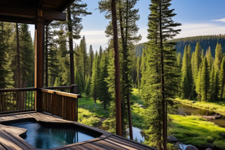 cabin with a deck overlooking a hot spring below, created with generative aiの素材