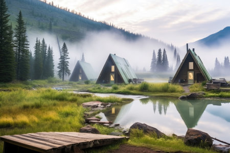 a-frame cabins and a misty hot spring in the background, created with generative aiの素材