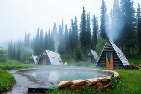 a-frame cabins and a misty hot spring in the background, created with generative aiの素材