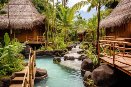wooden bungalows with hot spring pools in a tropical setting, created with generative aiの素材