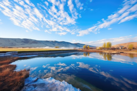 hot spring beside a still lake reflecting the sky, created with generative ai