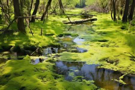 green algae-covered hot springs in a marsh, created with generative aiの素材