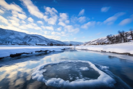 ice and snow surrounding a steaming hot spring, created with generative aiの素材