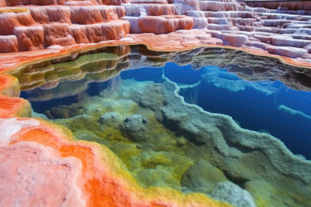 transparent hot spring against vibrant-colored mineral deposits, created with generative aiの素材