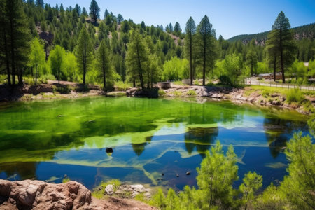 large hot springs area surrounded by luscious green pine trees, created with generative aiの素材