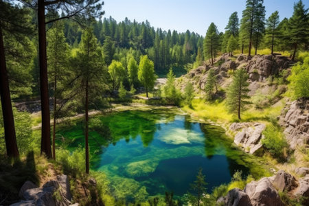 large hot springs area surrounded by luscious green pine trees, created with generative aiの素材