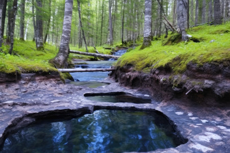 bubbling hot spring with gray mud in forest settings, created with generative aiの素材