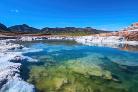 geothermal hot springs with floating white mineral deposits, created with generative aiの素材
