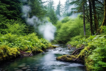 thick steam rising off a hot spring against a dense forest, created with generative aiの素材