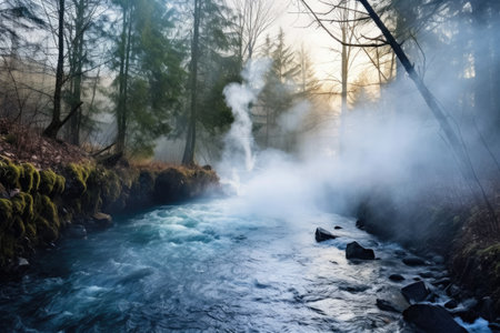 thick steam rising off a hot spring against a dense forest, created with generative aiの素材